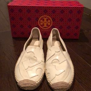 Tory Burch white espadrille flats.